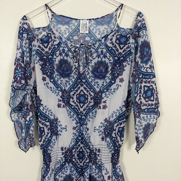 Becca by Rebecca Virtue Blue White Sheer Lotus Flower Swimsuit Coverup Medium - Picture 2 of 7